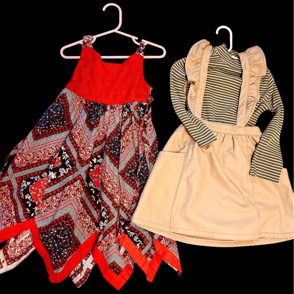 Bundle & save 4T Red Patterned Dress & Tan Striped Outfit